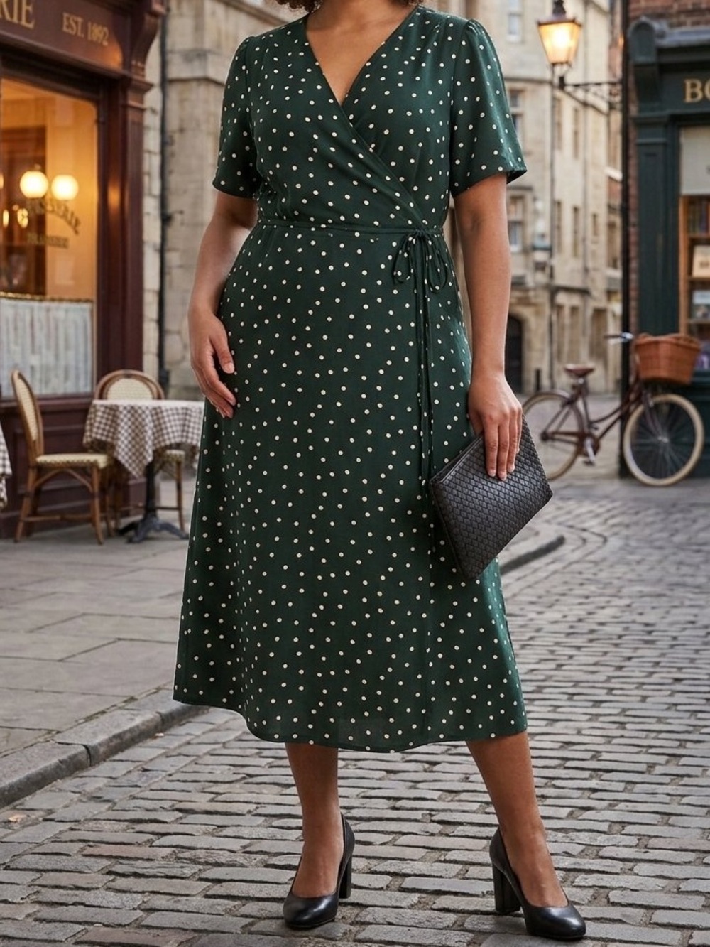 Uniqlo Forest Green White Polka Dot Wrap Midi Dress Short Sleeve V-Neck XL